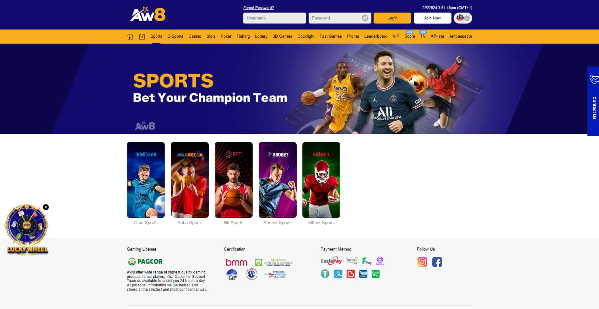 AW8 sportsbook home page